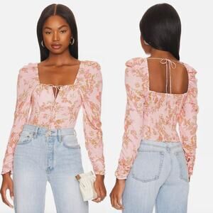 Free People Hilary Printed Floral Long Sleeve Top Pink Combo Open Back Size S